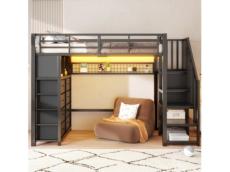  Lit mezzanine 90 × 200 cm avec 8 tiroirs, led, étagères et panneau à crochets, sans matelas, noir  - Conforama D