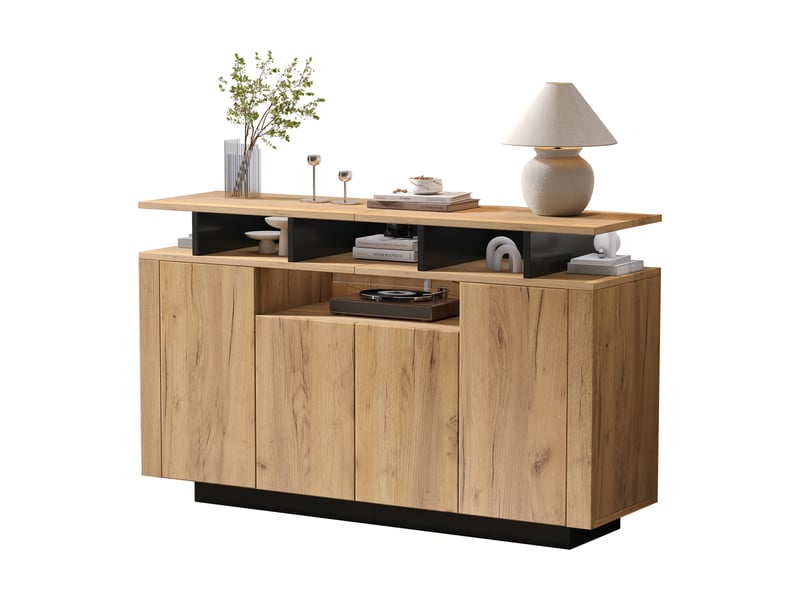 Buffet, naturel, panneau de particules, 140 × 40 × 85 cm, 4 portes, pour salon, entrée et bureau, dispositif anti-basculement - Conforama A