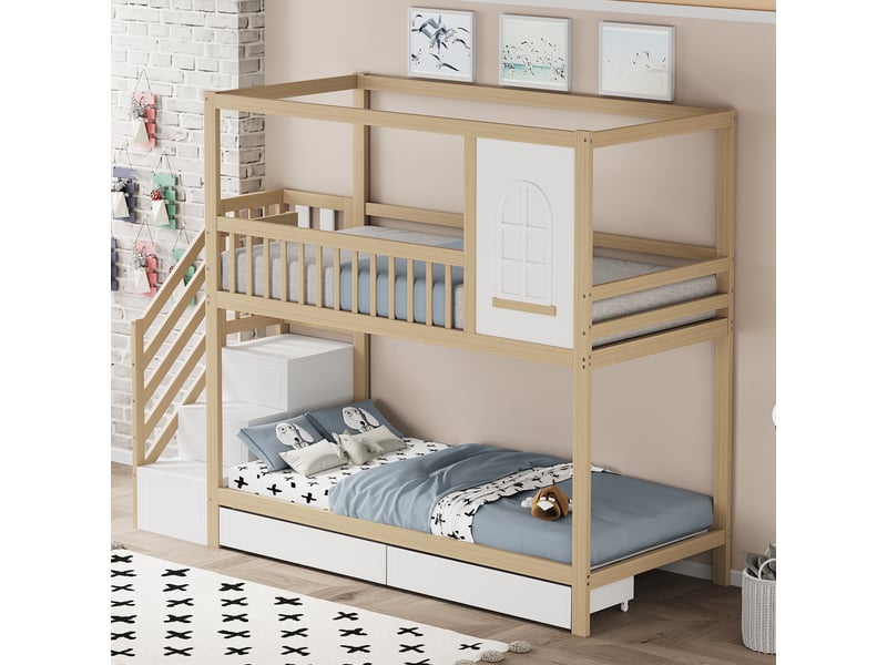  Lit enfant superposé, 90x200 cm, avec fenêtre, échelle protectrice, tiroirs pratiques, bois, coloris naturel et blanc  - Conforama E