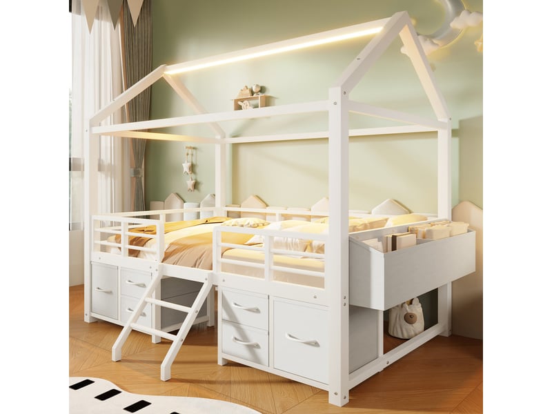 Lit enfant 90x200 cm avec toit - éclairage led - lit cabane avec 6 tiroirs en tissu et rangements - métal - blanc  (sans matelas)  - Conforama E