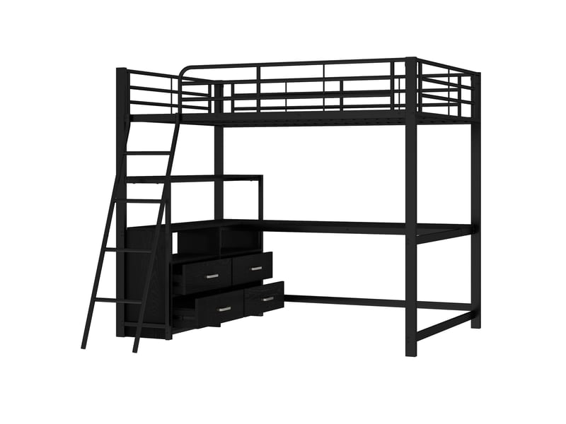  Lit mezzanine 140x200 cm avec bureau, rangement et led, mdf et métal, noir, sans matelas  - Conforama R