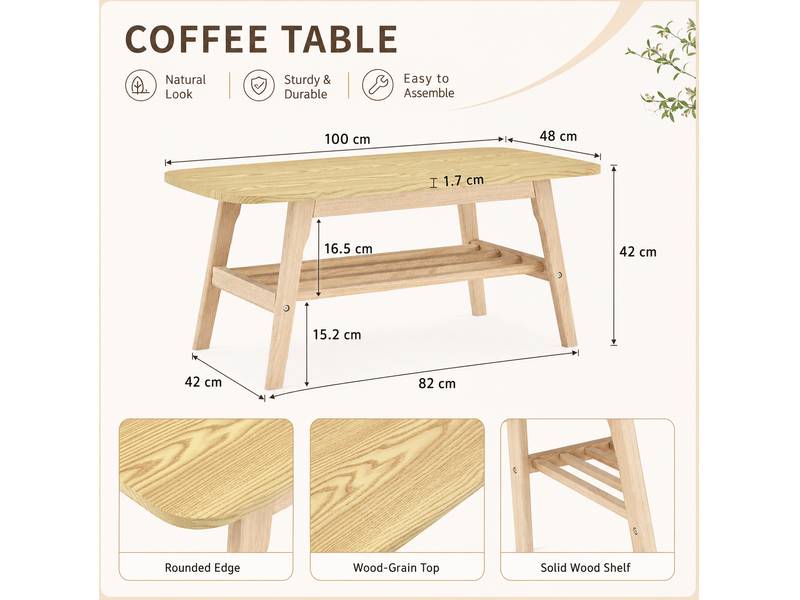  Table basse avec rangement à deux niveaux, plateau en bois et piètement massif pour salon, bois, 110 × 58 × 19 cm  - Conforama E