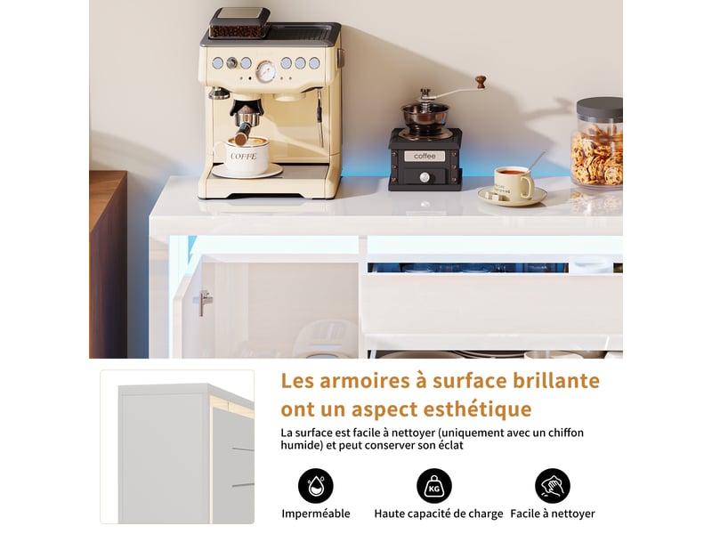 Meuble cuisine blanc, 160x35x75 cm buffet cuisine bas blanc laqué avec éclairage led - 4 portes et 2 tiroirs - pour cuisine, salle à manger, salon - Conforama D