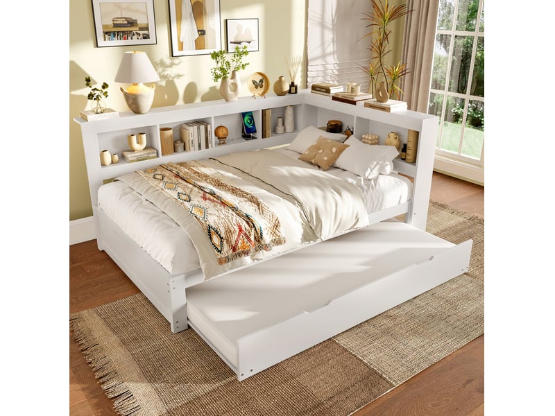 Lit gigogne 140x200 cm avec prises usb et rangements, blanc  - Conforama D