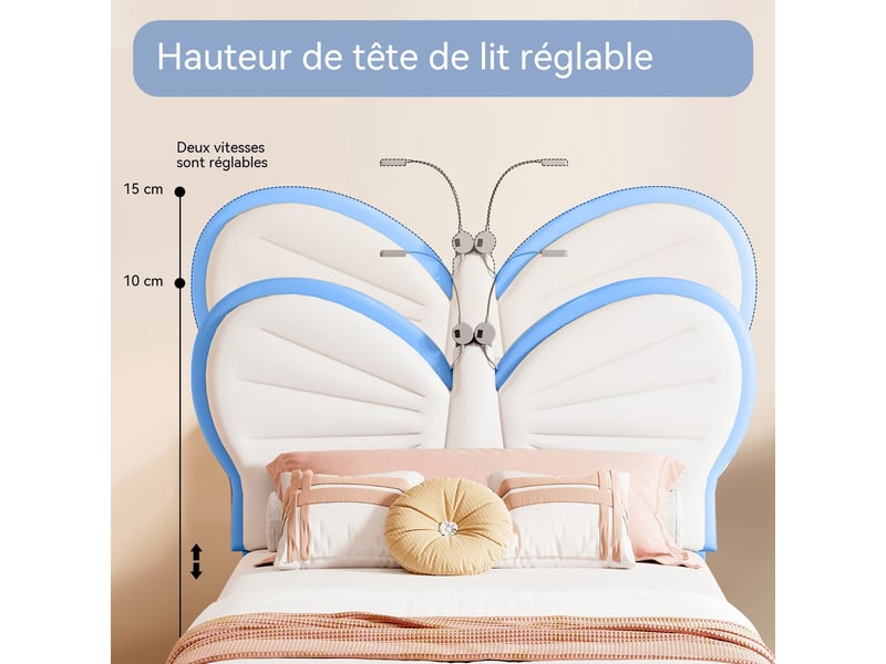  Lit enfant fille 90x190 cm – tête de lit papillon avec lampe de lecture intégrée – hauteur réglable 87,5-92,5 cm – velours – structure renforcée jusqu'à 350 lbs – sommier à lattes inclus  - Conforama D