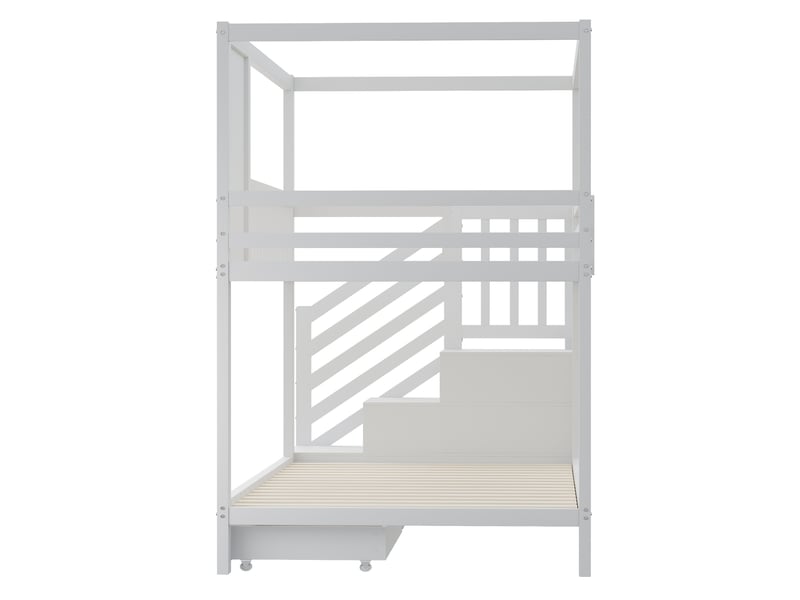 Lit superposé enfant 90x200 cm – blanc et bois naturel – escalier à rangements et 2 tiroirs - sans matelas - Conforama E