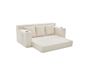 Canapé 3 places en velours côtelé, sans montage, design modulaire, porte-gobelets, rangements latéraux, 172×87×64 cm
