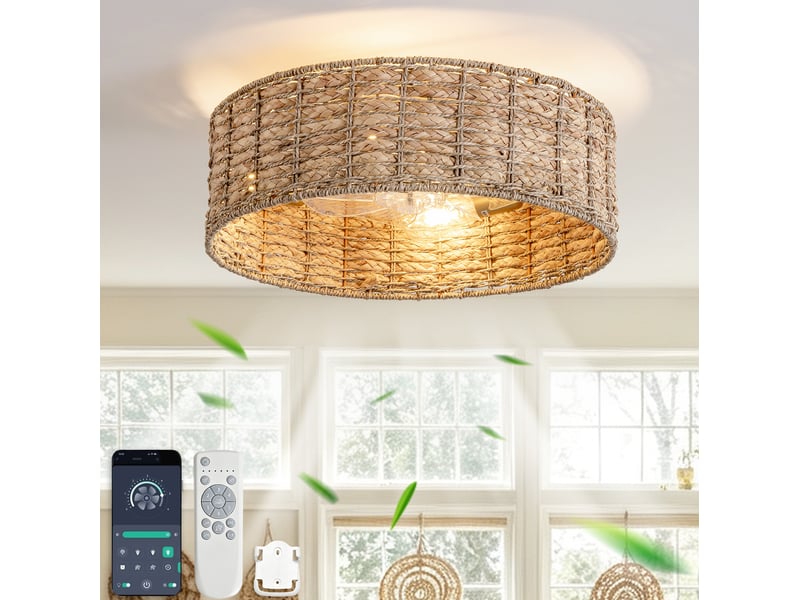 Plafonnier ventilateur 19 pouces en paille naturelle et cuivre, bluetooth, télécommande et 6 vitesses réversibles - Conforama B
