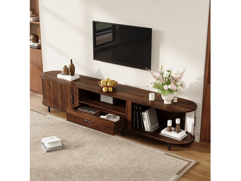  Meuble tv 180x40x50 cm avec tiroirs et niches de rangement, structure en mdf, coloris bois foncé noyer, pour le salon  - Conforama B