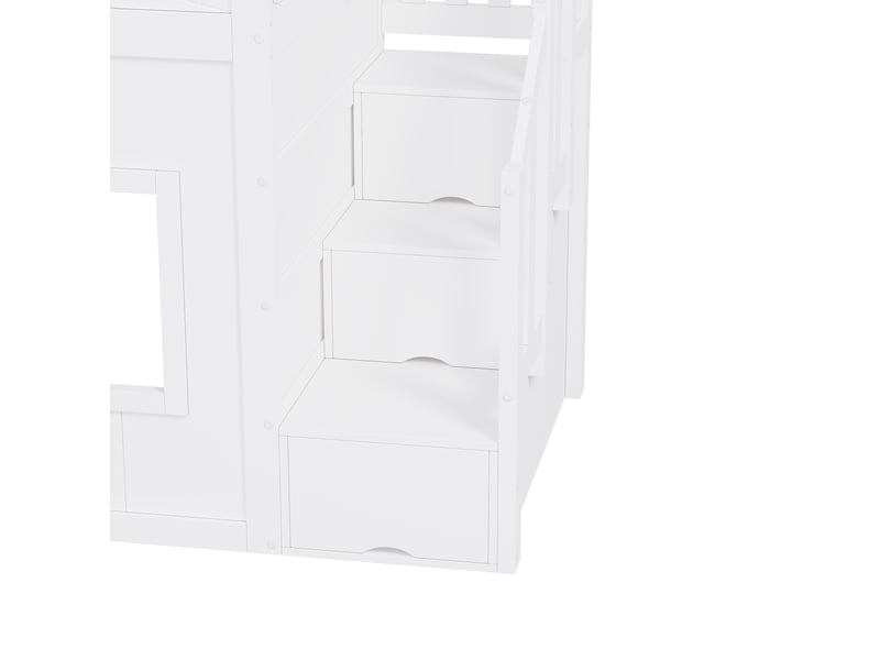  Lit mezzanine 90 × 200 cm, cabane avec fenêtres, escalier de rangement et led, en pin, contreplaqué et mdf, blanc  - Conforama E
