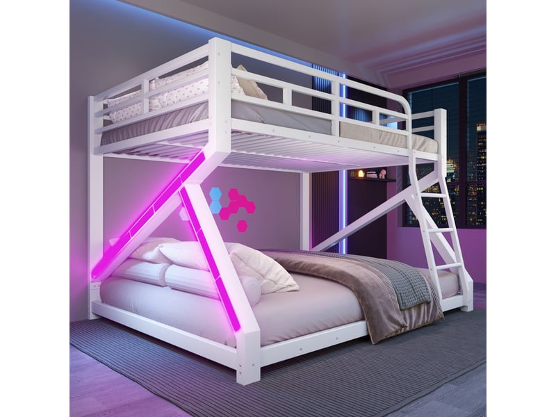  Lit superposé 140x200 cm en haut et 160x200 cm en bas avec bande led, lit familial en métal robuste avec échelle et garde-corps de sécurité, blanc OPULERANE TRADING LTD - Conforama B