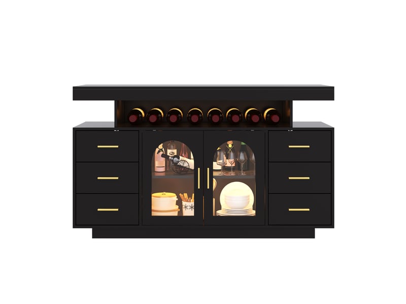  Buffet bar à vin,140x40x82 cm,led, 6 tiroirs et 2 portes vitrées,mdf,noir  - Conforama A