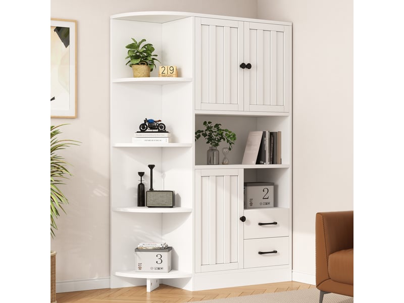  Meuble d'angle blanc en panneaux de particules, rangement 14 compartiments, 3 placards et 2 tiroirs pour salon, 104 x 35 x 155 cm  - Conforama D