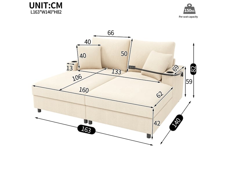 Canapé convertible 2 places en velours côtelé beige avec support téléphone, ports usb et usb-c - Conforama E