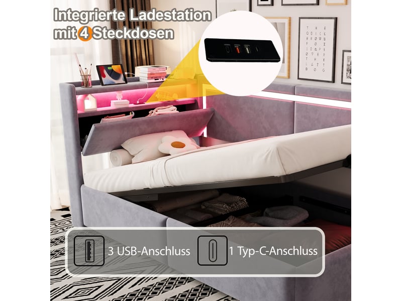  Lit coffre enfant simple 90x200 cm, led et ports usb, tête de lit avec rangement, velours, gris clair, sans matelas  - Conforama E