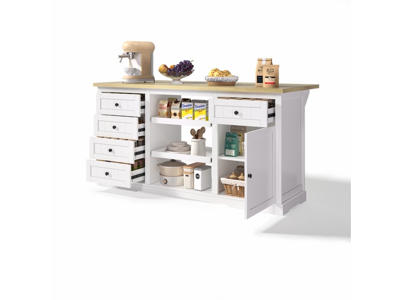 Îlot Central Cuisine Avec Rangement - 150x65x75cm, Plan De Travail Pliable, Prises Intégrées - Blanc - 5