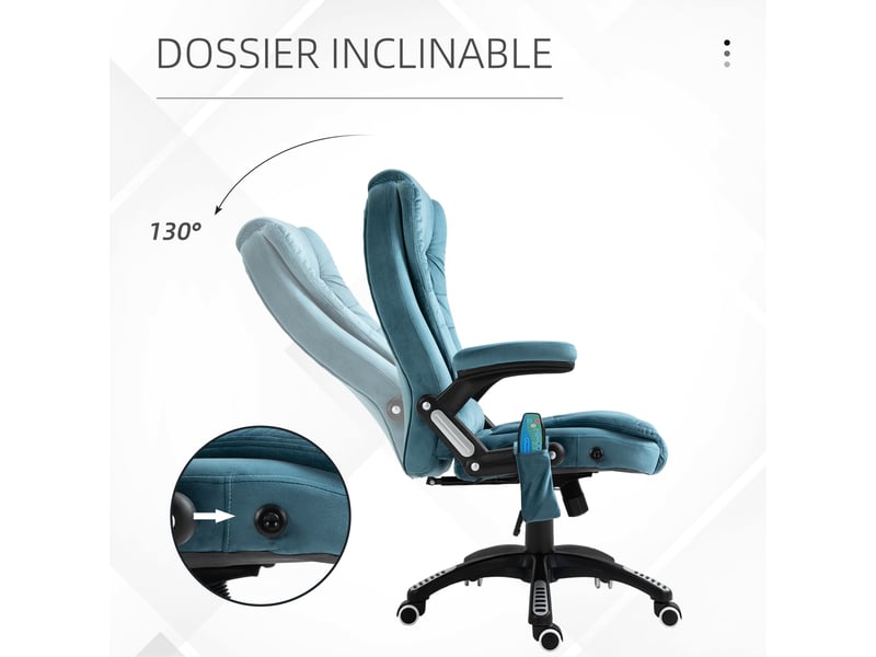  Fauteuil de bureau massant et chauffant, chaise de bureau, chaise ergonomique avec hauteur réglable, pivotant à 360° tissu en polyester bleu, dossier inclinable et télécommande filaire  - Conforama R