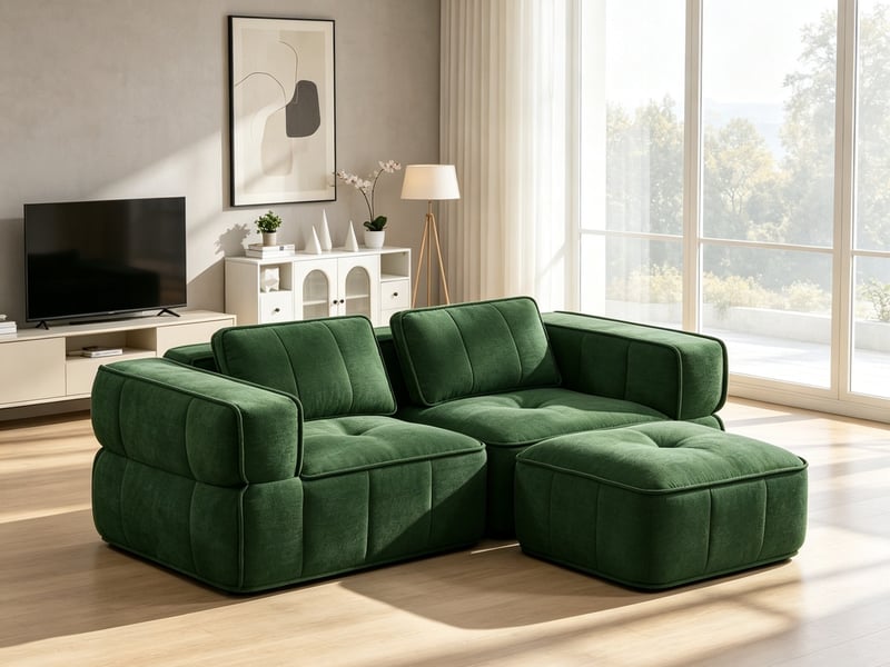 Sofa d'angle 2 places, pouf inclus, mousse 32d, assise profonde, tissu doux, antidérapant, 198×162×67 cm, vert - Conforama B