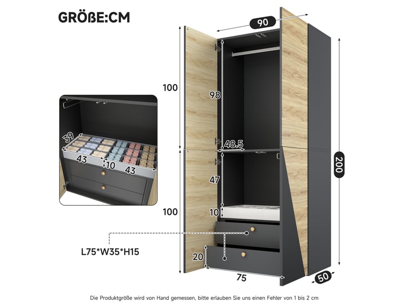 Armoire 2 portes avec penderie, porte-pantalons, boîte et 2 tiroirs en mdf, bois et gris, 90 × 50 × 200 cm - Conforama E