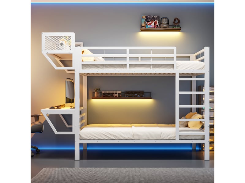 Lit superposé - 90x200 cm - bureau intégré - sommier à lattes - rangements intégrés - structure métal - lit enfant - blanc CozyNest - Conforama B
