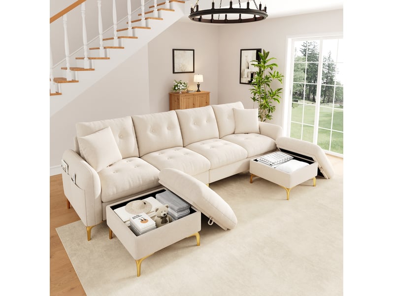  Canapé d'angle convertible modulable 4 places en tissu beige avec 2 poufs de rangement, style rétro pour le salon  - Conforama B