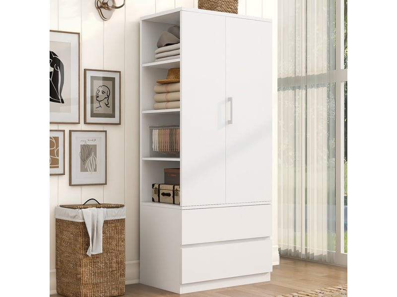  Armoire multifonction avec penderie, grand tiroir 2 niveaux, étagères ouvertes, 1 porte, 70x50x175cm, blanc  - Conforama D