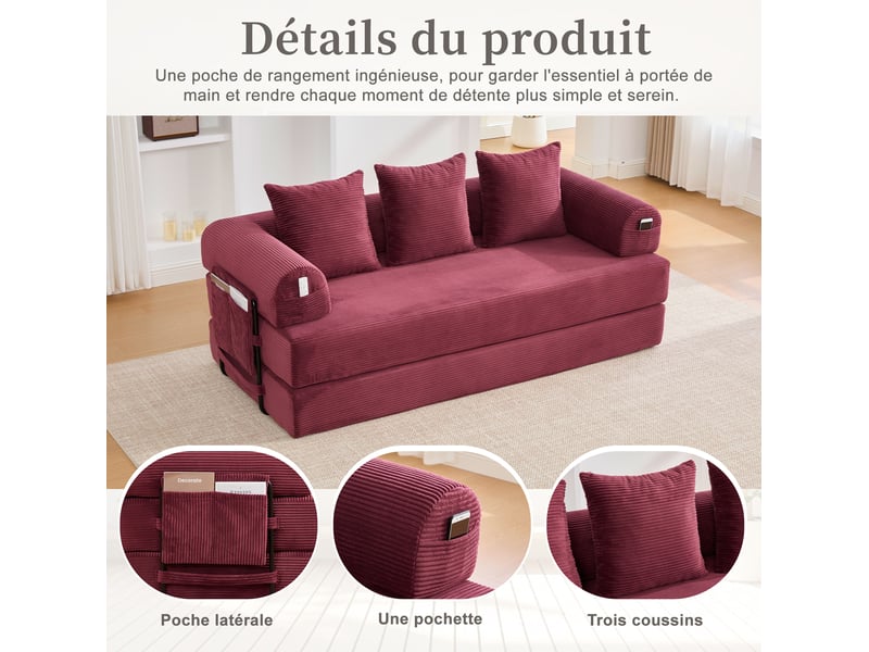  Canapé convertible 200x94x67 cm avec accoudoirs, poche latérale et 3 coussins, structure en métal, velours, rouge vin  - Conforama D