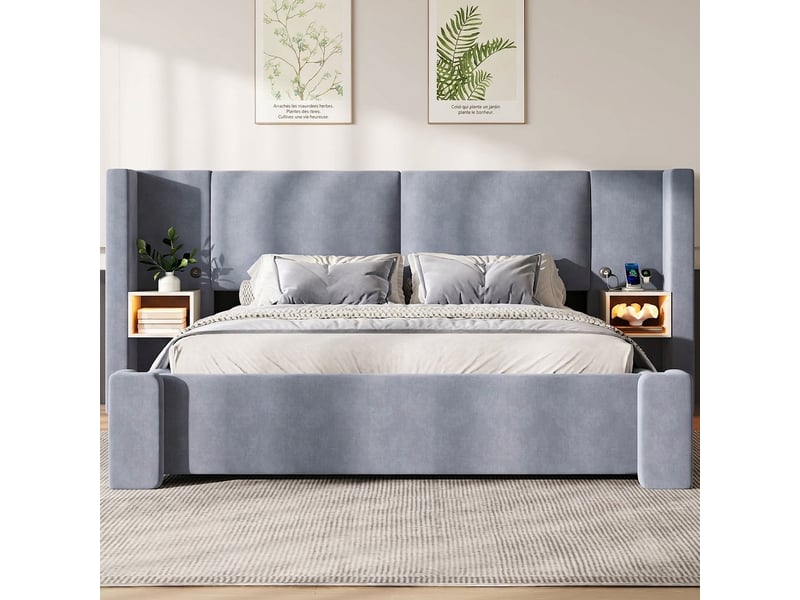  Lit coffre 140x200 gris en lin avec led, tables de chevet intégrées et rangement hydraulique sans matelas  - Conforama B