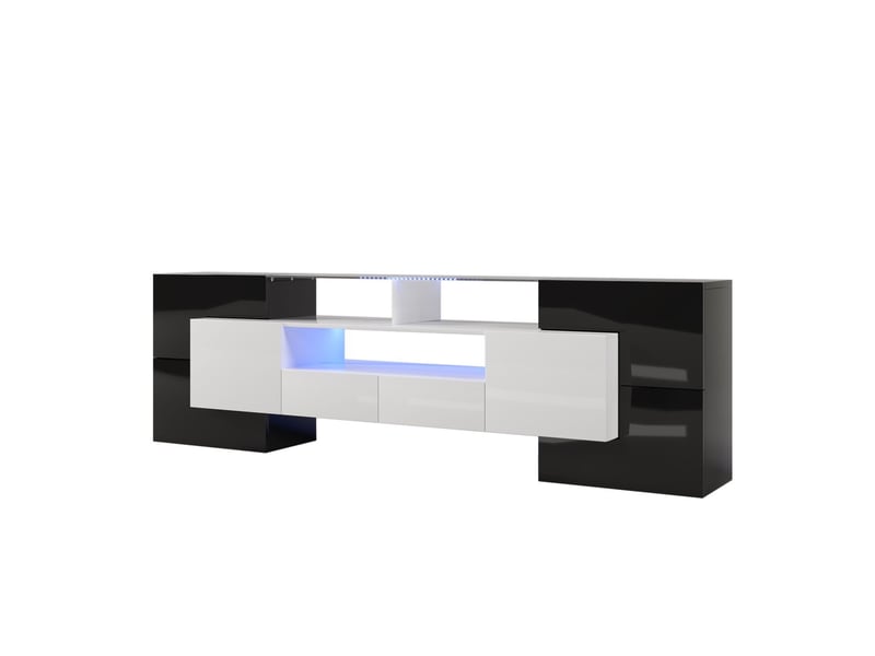  Meuble tv 200cm, design moderne finition brillant noir avec éclairage led meuble tv contemporain  - Conforama A