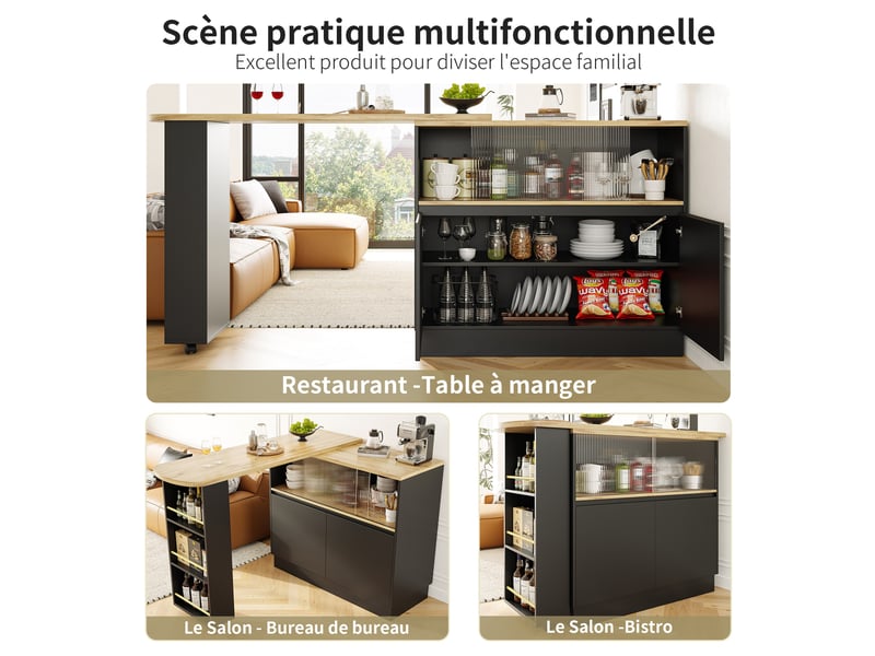  Table de bar pivotante à 360°, 90-120x45x100 cm avec étagère de rangement et porte coulissante en verre, noir  - Conforama E