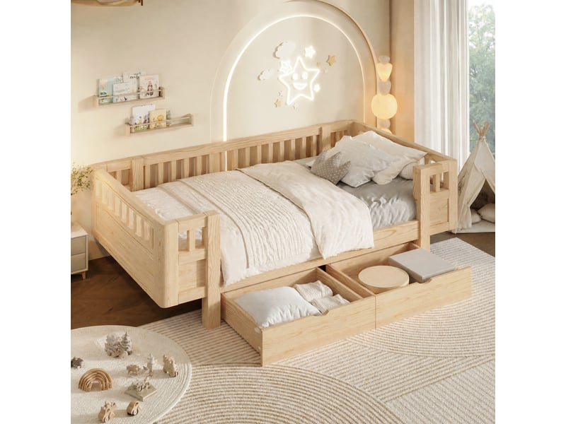 Lit enfant 90x200 cm cadre à barrières hautes, 2 tiroirs, charge 120 kg, mdf et pin, bois sans matelas - Conforama B