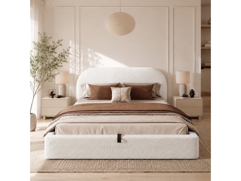  Lit double 180x200 cm avec coffre hydraulique, espace de rangement et tête de lit capitonnée, bouclé beige  - Conforama D