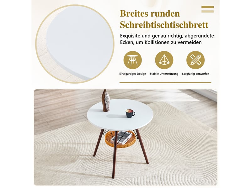  Table à manger ronde 2 à 4 places avec panier suspendu - lpospi - pieds en bois massif, mdf blanc noyer ø 80 cm  - Conforama E