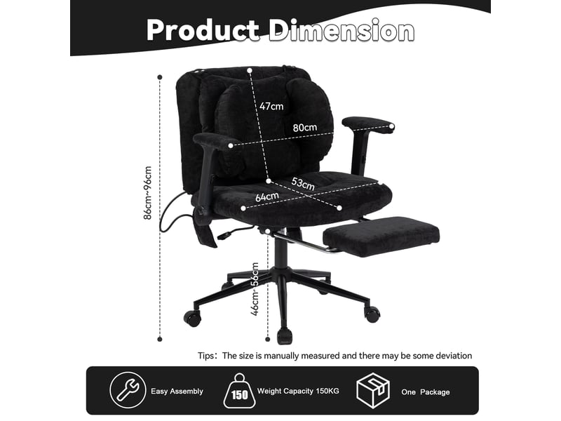  Chaise de bureau pivotante 360° réglable avec repose-pieds - lpospi - accoudoirs, assise large, tissu - noir  - Conforama D