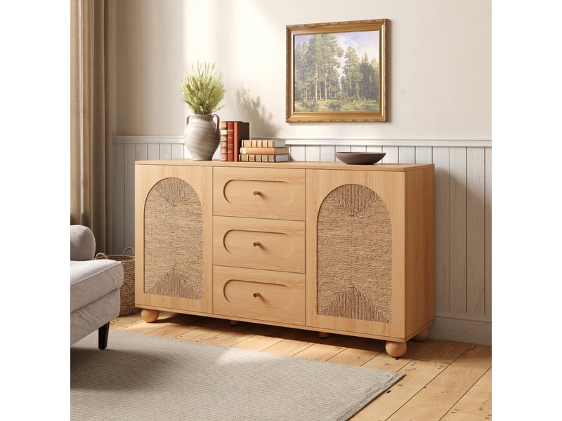 Buffet bas 140 cm naturel en mdf et panneaux de particules, 2 portes tressées, 3 tiroirs, pieds en pin massif - Conforama W