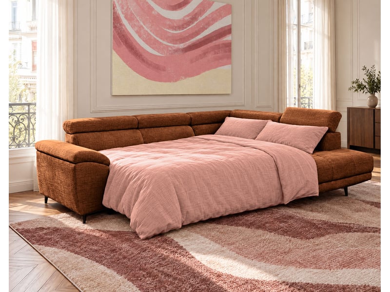 Camille - canapé d'angle droit 5 places convertible avec têtières et coffre en velours texturé - best mobilier - terracotta CAMILLE - Conforama D