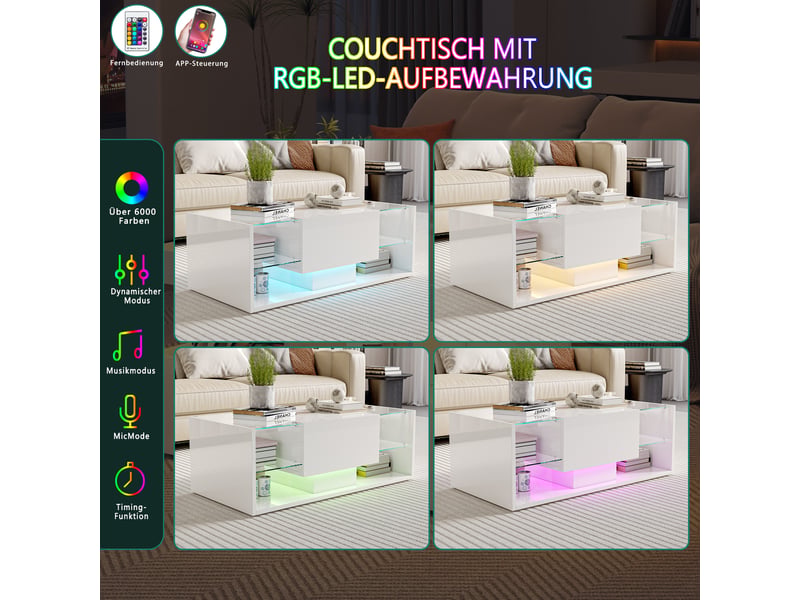  Table basse brillante avec led,table basse salon, table d'appoint, plateau en verre ,moderne,100 x 50 x 35 cm,blanc  - Conforama R