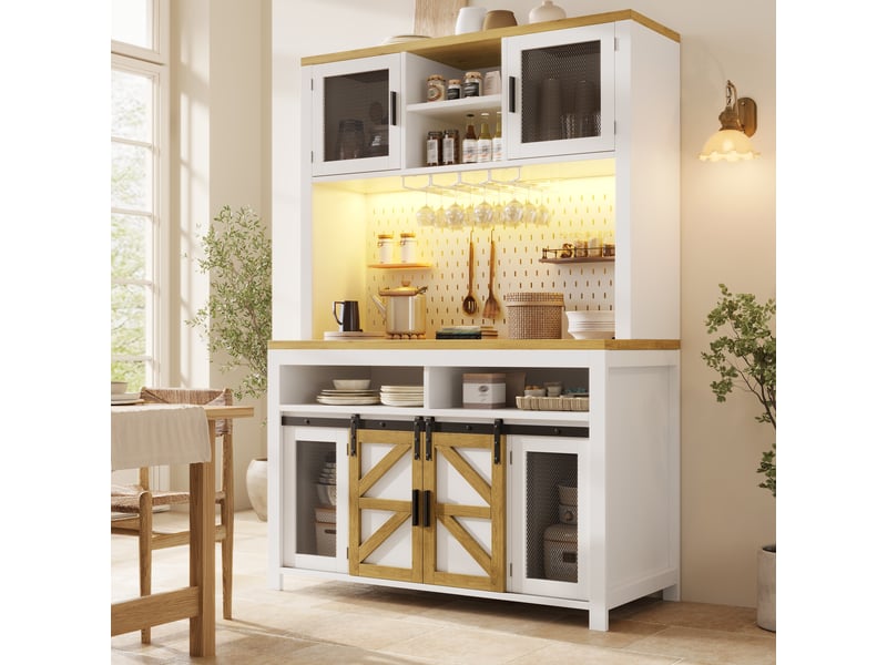  Buffet de cuisine haut avec portes coulissantes et battantes, led et prise usb, en mdf, 120×40×174,5 cm blanc  - Conforama B