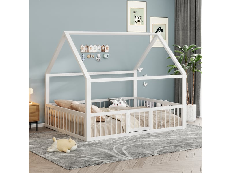  Lit simple 140 x 200 cm avec cadre en métal, toit décoratif et barrières de sécurité avec ouverture d’accès, blanc Morn Vibe - Conforama B