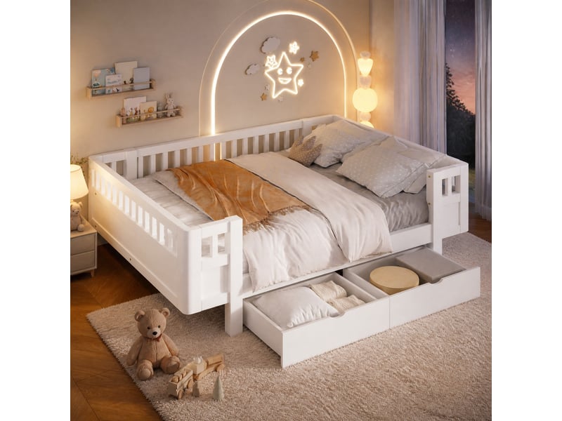  Lit enfant 140 × 200 cm avec barrières de protection et 2 tiroirs de rangement en bois et mdf blanc pour chambre  - Conforama B