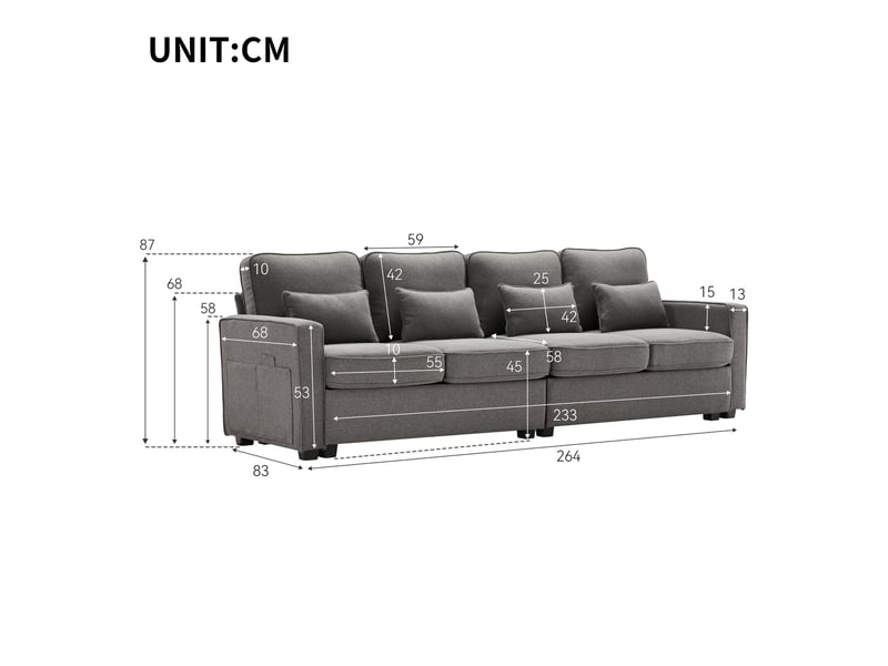  Canapé modenvie 4 places en tissu effet lin gris foncé avec 4 coussins et poches de rangement, 264 x 83 x 87 cm  - Conforama C