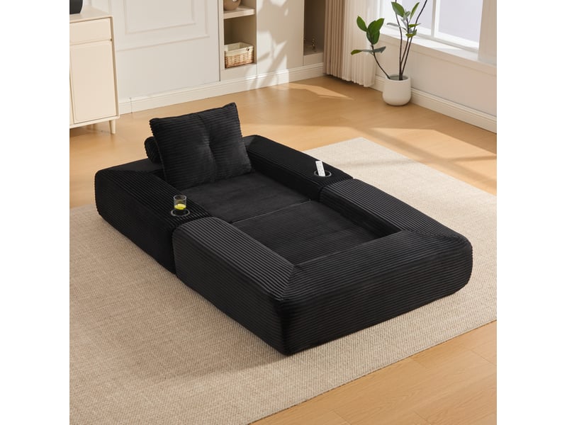  Canapé convertible 1 place avec mousse dense, ressorts, poche latérale et porte-gobelet en velours côtelé noir  - Conforama B