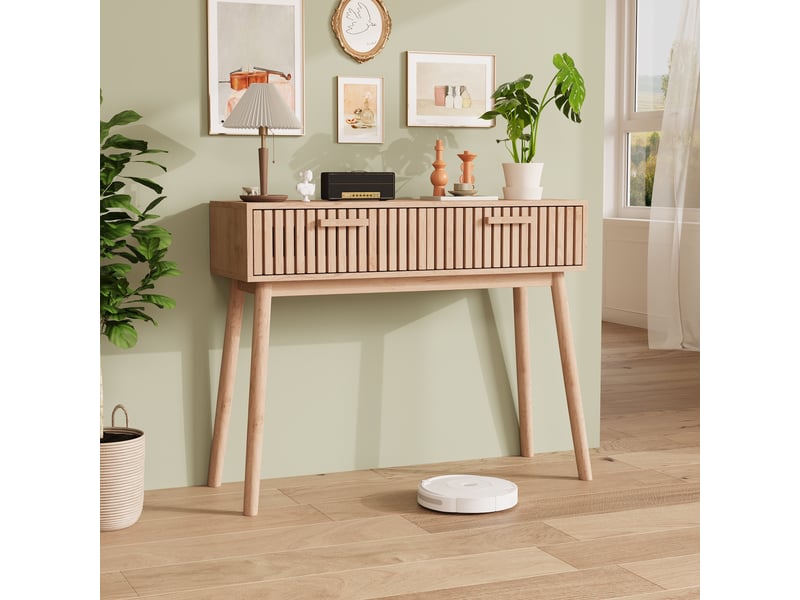  Table console d'entrée -100x35x80cm - table d'appoint en bois clair avec 2 tiroirs rainurés - style scandinave moderne  - Conforama C