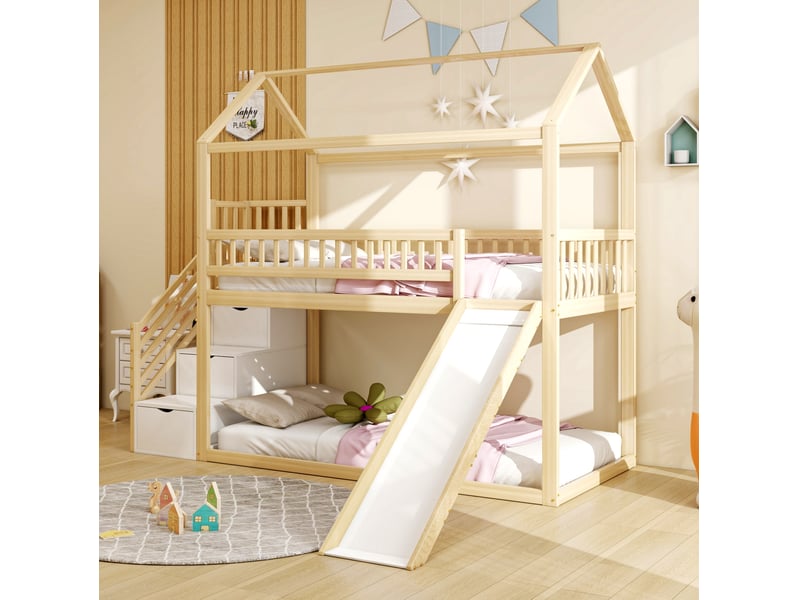  Lit mezzanine, 90x200 cm, avec toboggan, échelle aménagée garde corps haut, matelas non inclus, bois, coloris naturel  - Conforama B