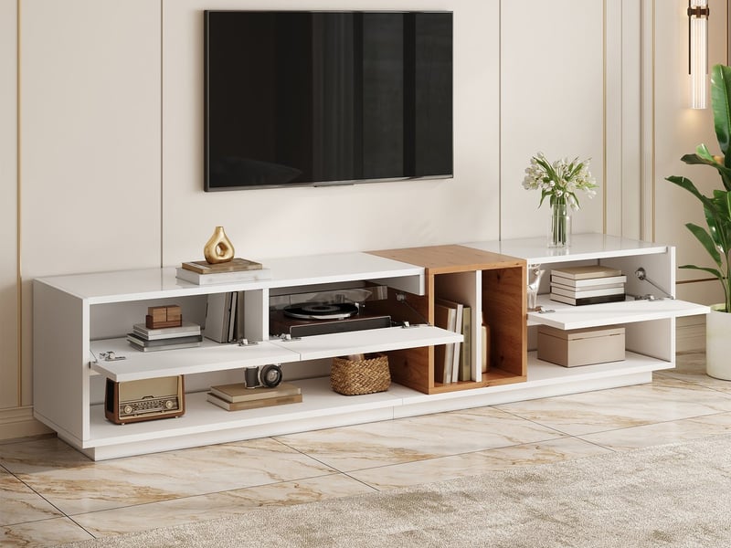  Meuble tv bas 190 cm, finition blanc, avec éclairage led  - Conforama B