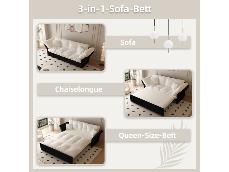  Canapé-lit convertible 3-en-1 2 places 190x85x91 cm, canapé extensible capitonné, couchage 154x203 cm, méridienne, 2 coussins, velours beige et blanc  - Conforama E