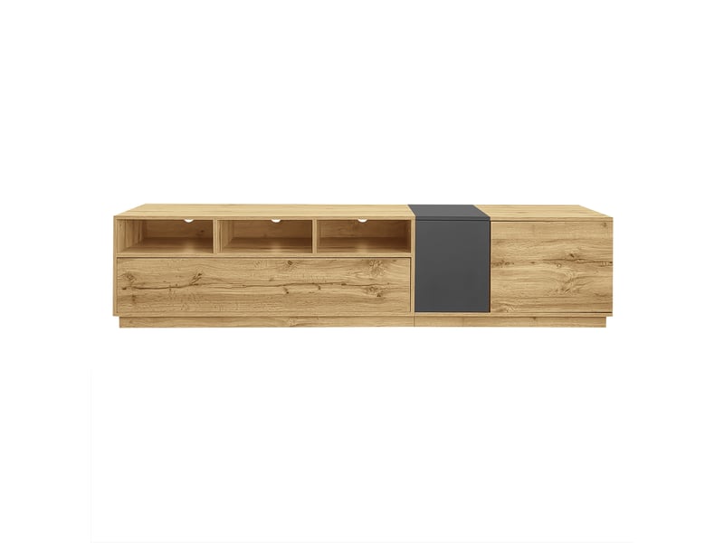  Meuble tv 200 cm moderne gris noir et bois avec portes asymétriques et passe-câbles  - Conforama R