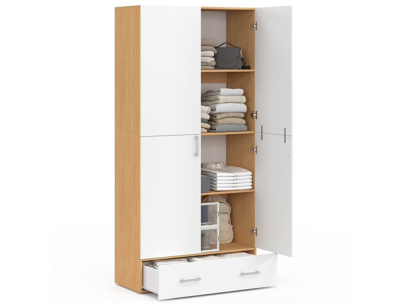 Armoire 2 portes juliana blanc et bois étagères 80 cm avec 1 tiroir  - Conforama C