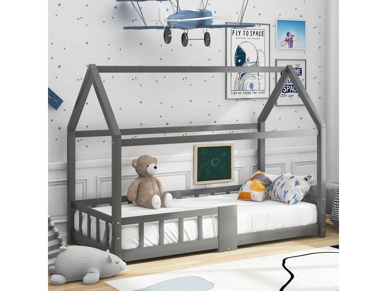  Modenvie lit cabane enfant 90x200 cm - avec tableau suspendu, sommier inclus, sans matelas - gris  - Conforama E