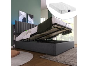 Lit coffre 140x200 cm - lit double capitonné avec éclairage led et port usb-c - matelas inclus - lin et métal - gris